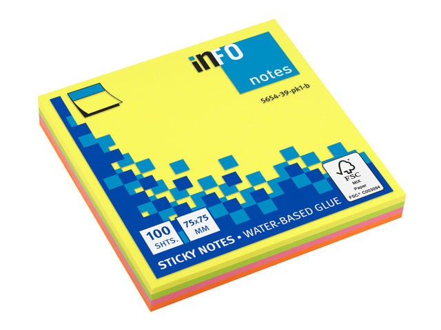 Infonotities 75x75 mm fel geel, roze, groen en oranje 100 vel