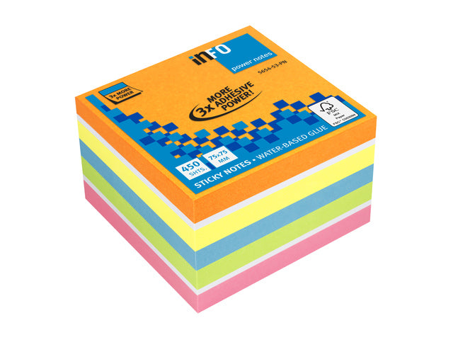 Powernotes info notes 75x75mm ass. felle kleuren blok a 450 vel.