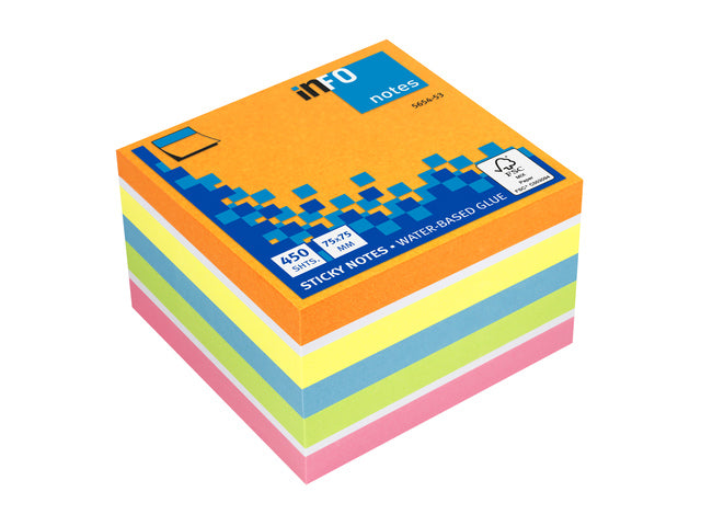 Info Opmerkingen 75x75mm assorti felle kleuren blok a 450 vel