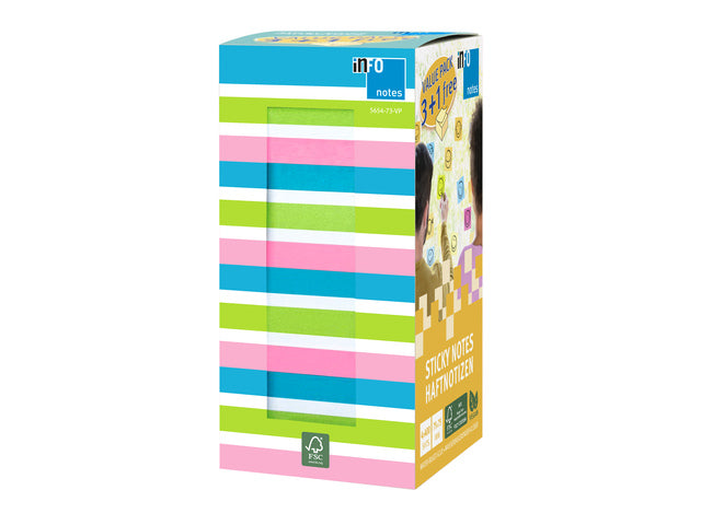 Info Opmerkingen 75x75mm 400 vel voordeelpak 100x briljant blauw 50x wit 100x briljant groen 50 x wit 100x briljant roze