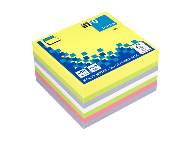 Info notes 75x75mm, 400 blaadjes, 5 kleuren, FSC.