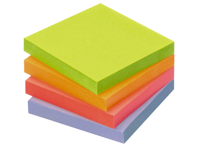 Info opmerkingen 75x75mm 16 x 100 blaadjes, 4 kleuren, blauwe engel, toren verpakking.