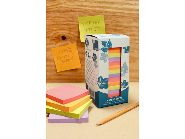 Info notes 75x75mm 16 x 100 blaadjes, 4 kleuren, blauwe engel, toren verpakking.