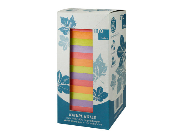 Info opmerkingen 75x75mm 16 x 100 blaadjes, 4 kleuren, blauwe engel, toren verpakking.