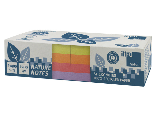 Info-Notizen 75 x 75 mm, 2 x 400 Blätter, 4 Farben, blauer Engel.