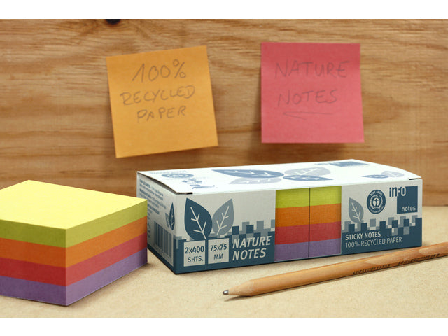 Info-Notizen 75 x 75 mm, 2 x 400 Blätter, 4 Farben, blauer Engel.