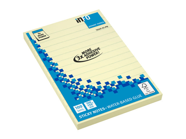 Powernotes gelinieerd geel 100x150mm blok a 100 vel.
