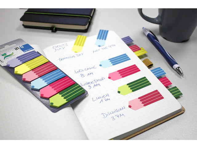 Infobladwijzer 18x55mm, 6 x 25 stuks, 6 kleuren, op kaart.