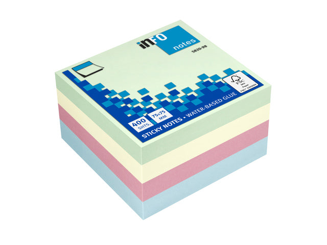 Info Notities 75x75mm 400 vel voordeelpak 100x pastel groen 100x pastel geel 100x pastel blauw 100x pastel roze