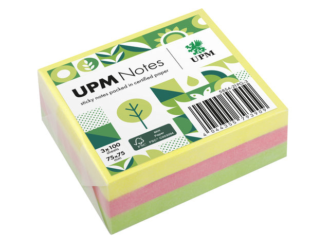 UPM notes 75x75 assorti pak 3x 100 vel geel, roze, groen