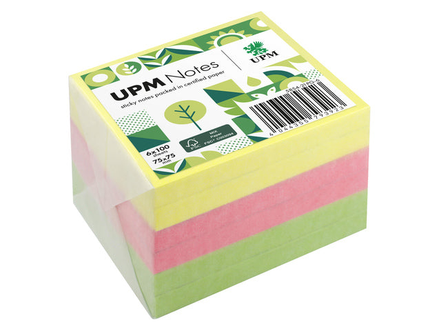 UPM notes 75x75 assorti pak 6x 100 vel geel, roze, groen