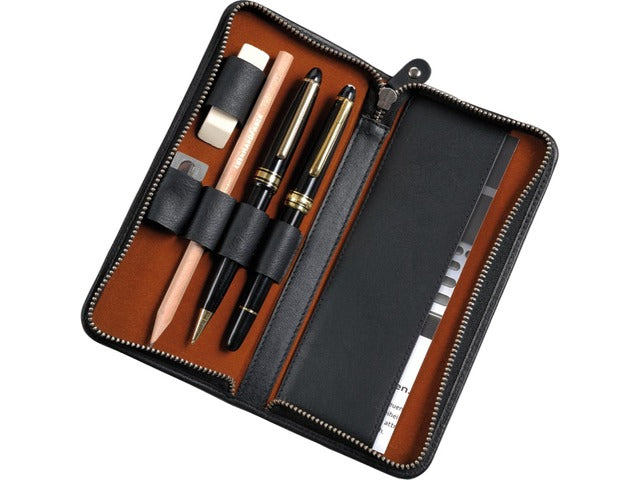 Pennenetui voor 3 stuks zwart leer met zonlicht 17,5 x 8 x 2,5 cm.