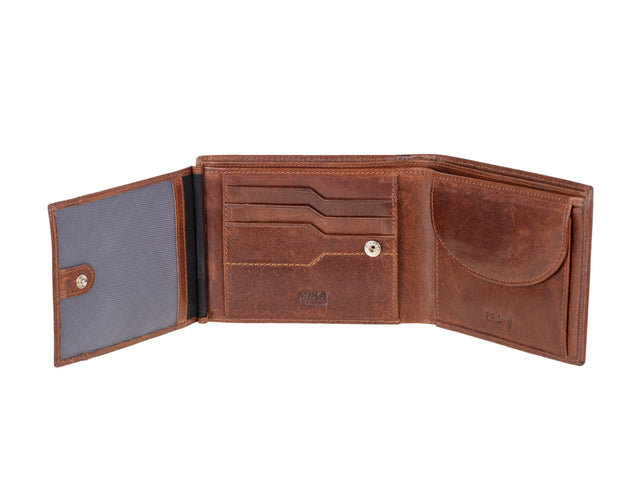 Portefeuille Mika bruin RFID. Leer. 12x9,5x2,5cm