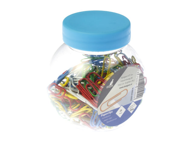 Büroklammer Kangaro 25 mm, verschiedene Farben, 200 Stück in runder Box mit Deckel