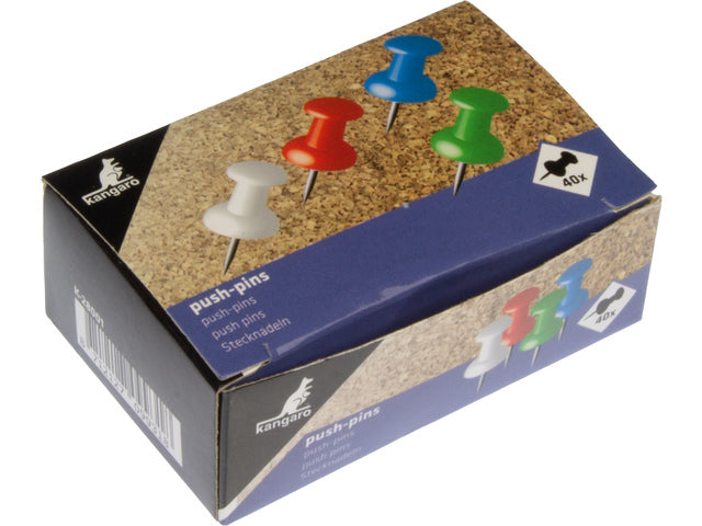Push-pin Kangaro. Doosje met 40 stuks in 4 kleuren: rood, groen, blauw en wit.