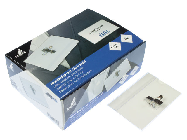 Naambadge Kangaro 60x90mm doos a 24 stuks met clip, speld en insteekkaartjes wit