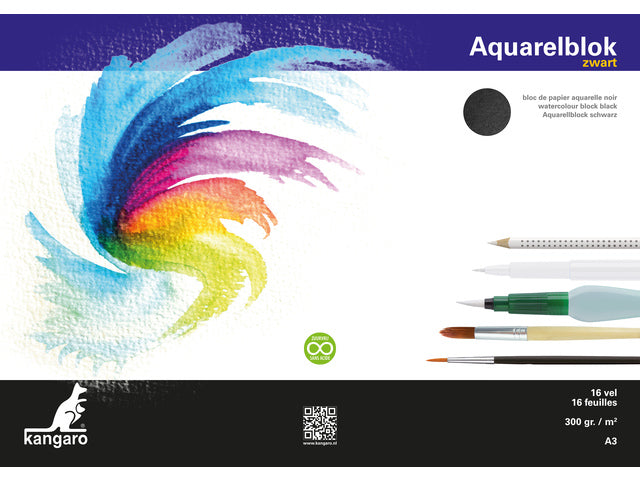 Aquarellpapier Kangaro Block A3 300 Gramm 16 Vel Schwarz, 3 Seiten gedruckt