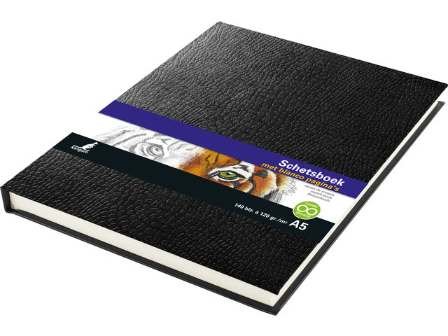 Schetsboek Kangaro A5 creme 120 grams blanco papier, 140 blz hard cover imprint slang, zwart