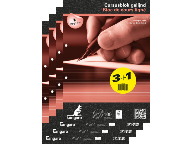 Cursusblok Kangaro A4 lijn 8mm 90 gram 100 vel pak 4 stuks