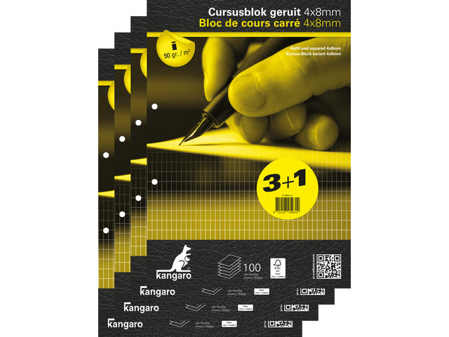 Cursusblok Kangaro A4 ruit 4x8mm 90 gram 100 vel pak 4 stuks