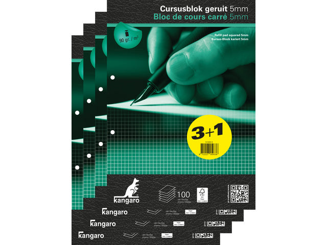 Cursusblok Kangaro A4 ruit 5mm 90 gram 100 vel pak 4 stuks