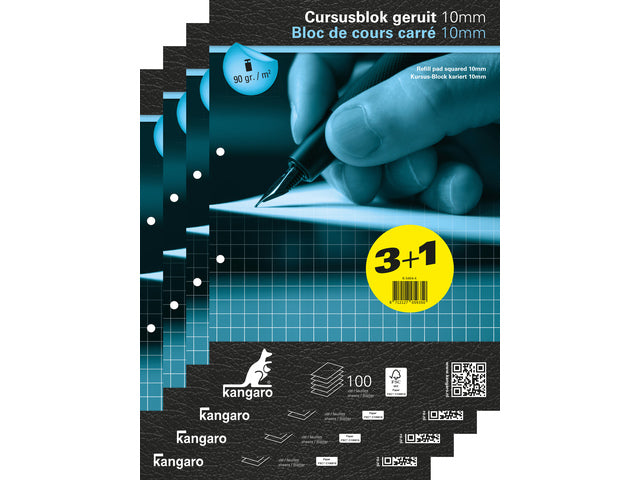 Cursusblok Kangaro A4 ruit 10mm 90 gram 100 vel pak 4 stuks