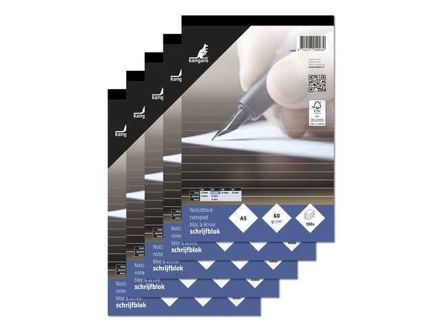 Schrijfblok Kangaro A5 lijn 60 gram 100 blad krimp a 5 stuks