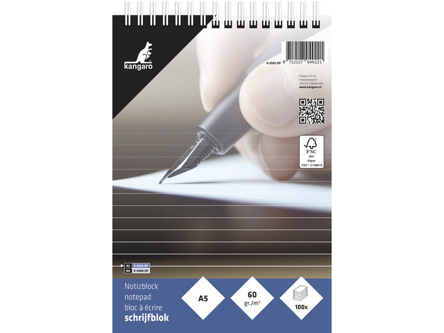 Spiraalblok Kangaro A5 lijn kopspiraal 60 gram 100 blad