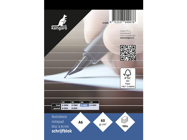 Schrijfblok Kangaro A6 lijn 60 gram 100 vel