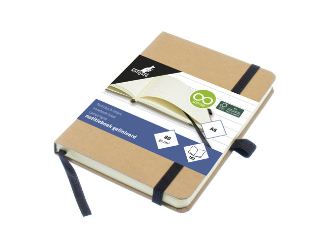 Notitieboek Kangaro A6 kraftlijn HC 96 vel 80 gram roomwit met elastiek, lint en penlus