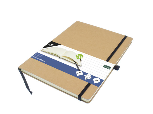 Notitieboek Kangaro A4 kraftlijn HC 96 vel 80 gram roomwit met elastiek, lint en penlus