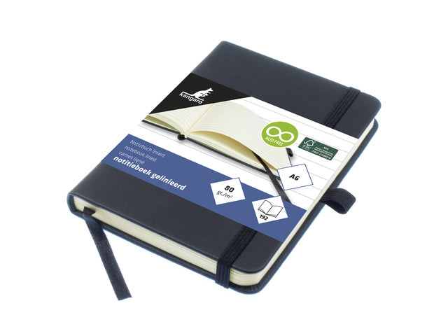 Notitieboek Kangaro A6 zwarte lijn PU HC 96 vel 80 grams roomwit met elastiek, lint en penlus