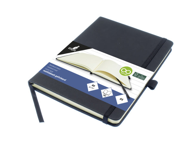 Notitieboek Kangaro A5 zwarte lijn PU HC 96 vel 80 grams roomwit met elastiek, lint en penlus