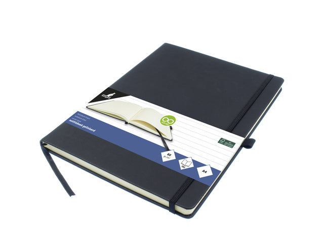 Notitieboek Kangaro A4 zwarte lijn PU HC 96 vel 80 grams roomwit met elastiek, lint en penlus
