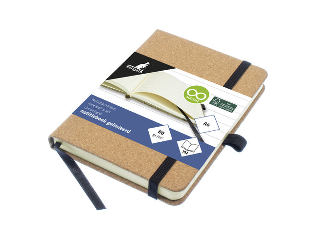 Notitieboek Kangaro A6 kurklijn HC 96 vel 80 gram roomwit met elastiek, lint en penlus
