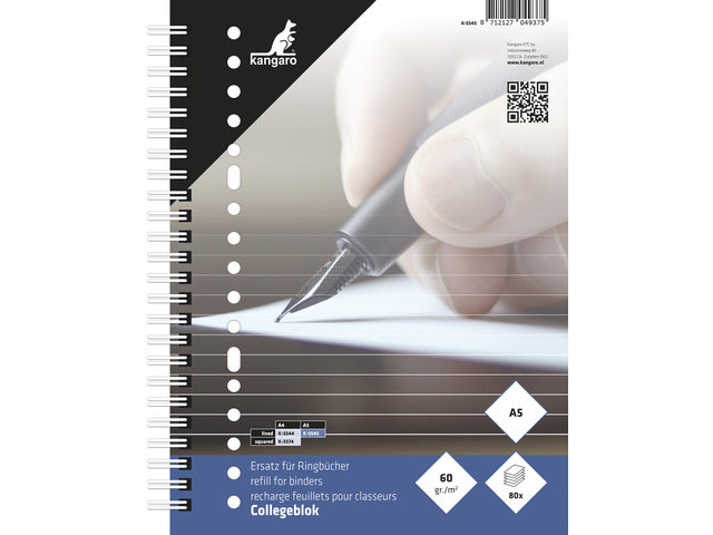 Collegeblok Kangaro A5 17-gaats 60 gram 80 blad gelinieerd krimp a 5 stuks