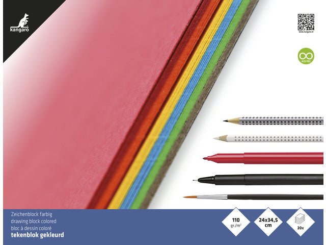 Tekenblok Kangaro A4+ (24x34,5cm) 110 Gramm 20 Vel sortiert