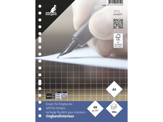 Ringbandinterieur Kangaro A5 ruit 10mm 17-gaats 60 gram 100 blad