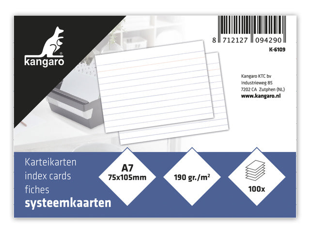 Systeemkaart Kangaro A7 75x105mm lijn 190 gram pak a 100 vel