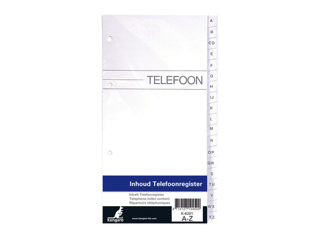 Inhoud tbv telefoonregister Kangaro AZ 4-gaats
