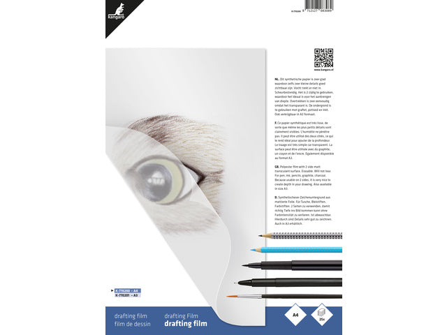 Tekenfolie Kangaro A4, 25 vel, 0,005" (0,127mm) 2 zijdig 100% polyester, mat