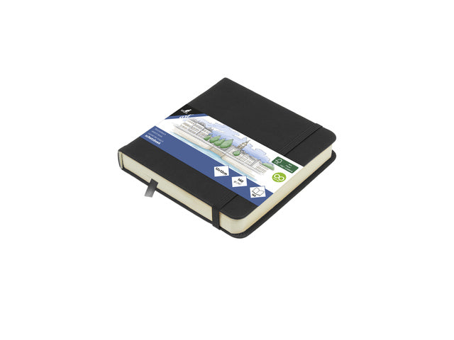 Schetsboek Kangaro 12x12cm zwart PU hardcover 80 blad 140 grams roomwit papier met elastiek en lint