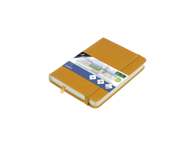 Schetsboek Kangaro A6 okergeel PU hardcover 80 blad 140 grams roomwit papier met elastiek en lint