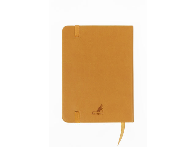 Schetsboek Kangaro A6 okergeel PU hardcover 80 blad 140 grams roomwit papier met elastiek en lint