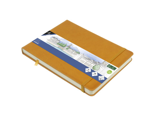 Schetsboek Kangaro A5 landscape okergeel PU HC 80 blad 140gr roomwit met elastiek en lint
