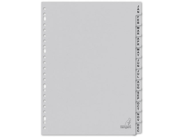 Tabblad ECO Kangaro A4 letters 180 grams grijs karton 23-gaats 12-delig jan -dec