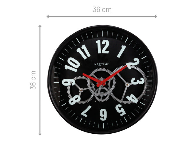 Wandklok Nextime 36cm Gear Clock zwart metaal/glas