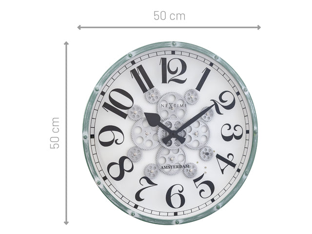 Witte Gear Klok - Grote Wandklok - 50cm - Bewegende tandwielen - "Henry" - NeXtime