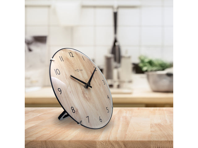 Tafelklok Nextime Edge Wood Mini 20 cm houtkleurige gebolde glazen lens