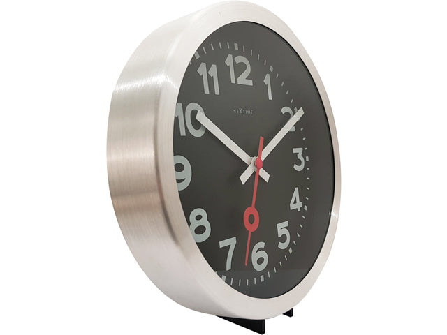 Wandklok NeXtime 'Station' Ø19 cm, geborsteld aluminium zwart